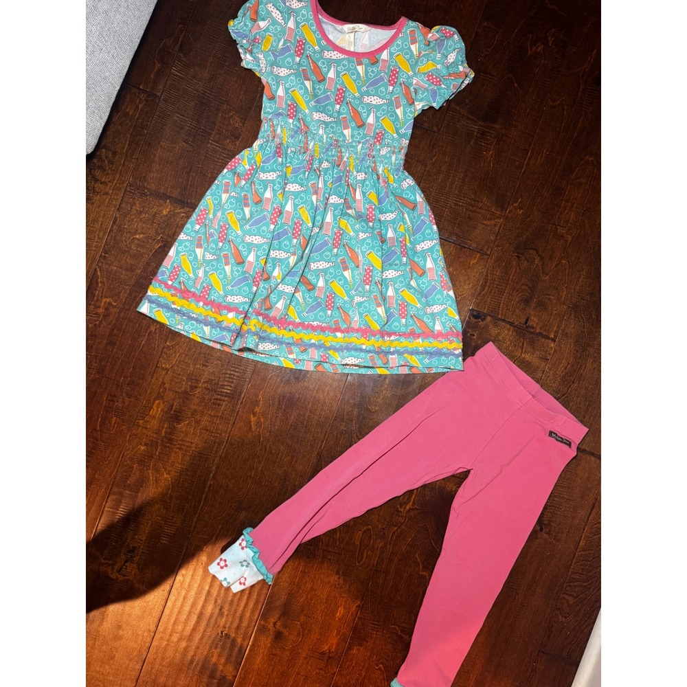 Matilda Jane Girls Soda Bottle Print Dress and Pink Ruffle Leggings Set Size 6